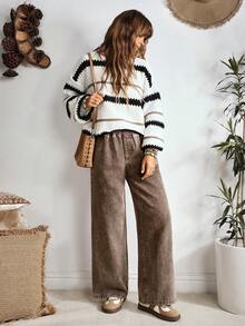 EMERY ROSE 女式纯色松紧腰直筒宽松牛仔裤 - 咖啡棕 - 查看 2