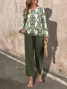 SHEIN 2 件套休闲成熟女士套装 - 圆领图案衬衫和纯色裤子 - 綠色 - 查看 4