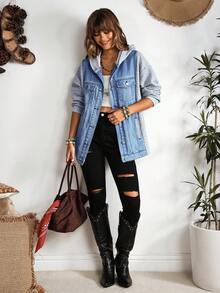 EMERY ROSE Women's Casual Button-Up Denim Hooded Jacket, For Daily Wear - Blue - View 6