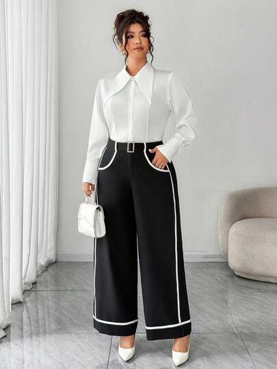Elenzga 大码女式优雅通勤时尚独特高端黑白撞色饰边高腰纽扣装饰斜口袋阔腿裤，秋冬