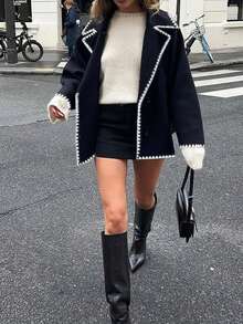 Pariaura Áo khoác ngoài ve áo rộng rãi, thanh lịch và sang trọng, cài hai hàng khuy, thêu họa tiết răng cưa, phù hợp cho mùa thu đông. Áo khoác ngoài thời trang dành cho nữ. - Màu xanh hải quân - Xem 4