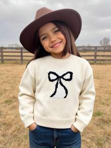 Emery Rose Kids Emery Rose Kids 年轻女孩纯色圆领蝴蝶图案休闲毛衣 - 卡其色 - 查看 1