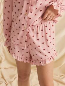 少女心形印花纽扣前开长袖衬衫和荷叶边下摆短裤套装 - 粉色 - 查看 4