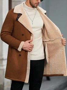 Manfinity Homme Áo khoác giữ nhiệt tay dài lót lông màu trơn cho nam, Thu Đông, Đi chơi thường ngày, Quà tặng cho bạn bè, chồng, bạn trai, Vải nhung kẻ - màu nâu - Xem 8