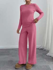 EURMUSE Solid Color Knit Top And Pants Set, Casual For Autumn/Winter - Pink - View 4