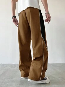 Manfinity EMRG 男士休闲撞色抽绳直筒裤，宽松长款拼接黑色直筒运动裤，棕色超大款运动裤，男士喇叭裤，男士阔腿侧条纹健身裤，男士运动裤，街头服饰 - 駝色 - 查看 2