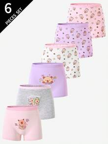 SHEIN 6 件套女童可爱俏皮卡通水豚印花棉质内裤，适合所有季节