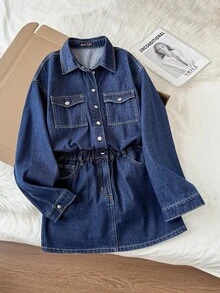 Comfortcana Women's Casual Long Sleeve Single-Breasted Pocket Denim Dress, Autumn Women's Denim Button Up Longsleeve Mini Dress, Casual, Vintage, Fall Women Clothes, Western Wear Women Winter Dresses For Women  One-Piece Dress Ladies Autumn Winter Christmas Party Dress New Year Dress Elegant Dresses For Women - Dark Wash - View 3