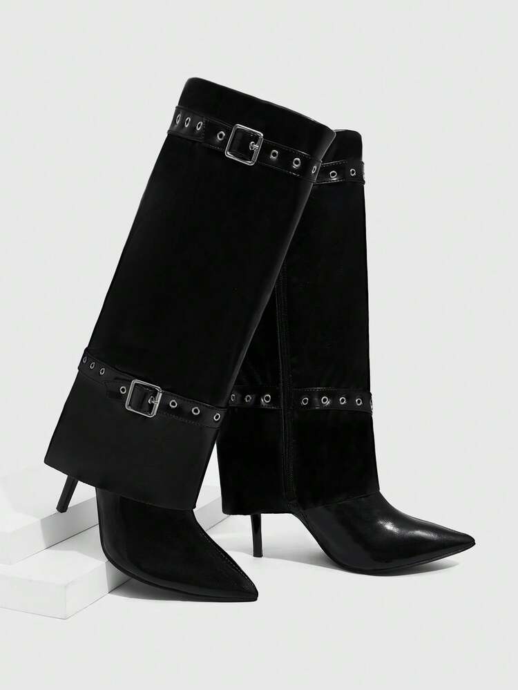 CUCCOO SZL Women's Pointed Toe Stiletto Heel Over-The-Knee Boots With Multiple Straps And Buckles, Punk Style Thigh High Boots
