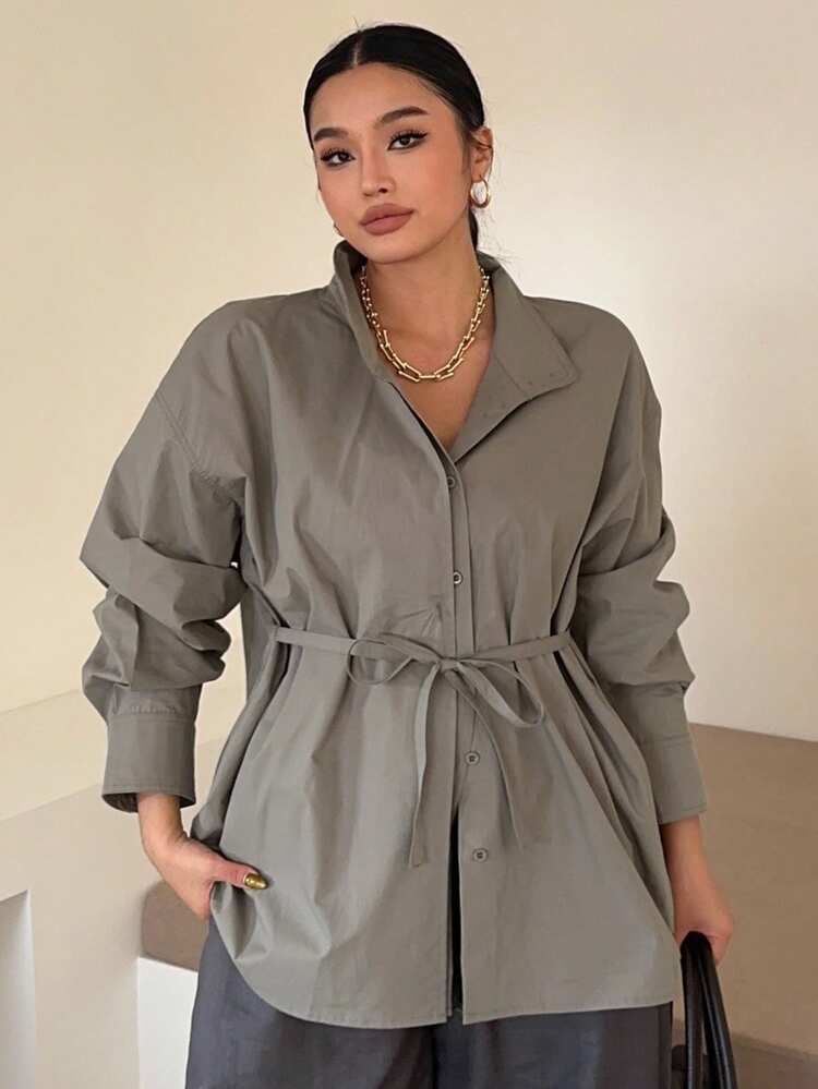 Dazy Plus Plus Size Women Loose Tie Waist Hidden Placket Long Sleeve Shirt, Spring/Autumn