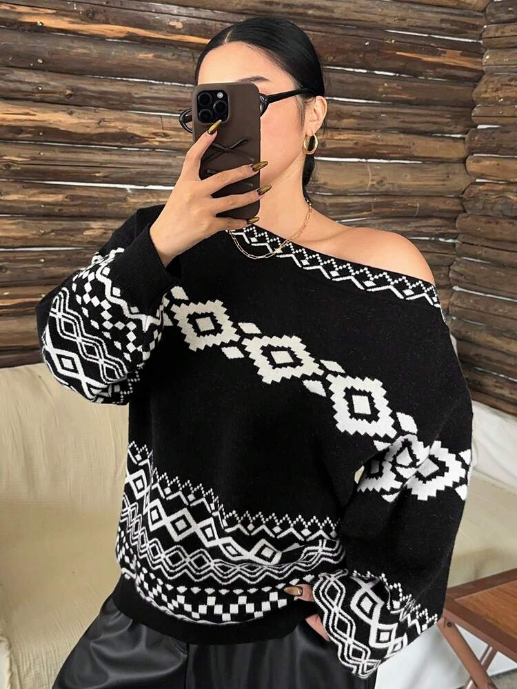 Dazy Plus Contrast Color Patchwork Floral Diamond Pattern Asymmetric Shoulder Elegant Plus Size Women Pullover Sweater, Autumn/Winter