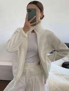 DAZY Áo khoác cổ đứng lót nhiệt dáng thường dành cho nữ, Áo khoác nữ mùa thu/đông - Màu be - Xem 3