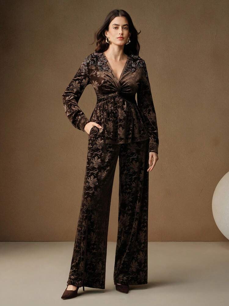 Floral 3D Embossed Velvet Applique Beaded V-Neck Long Sleeve Top And High-Waisted Straight Leg Pants Set, Suitable For Fall, Winter, New Year, Party, Wedding, Elegant, Chic, Stylish, Casual