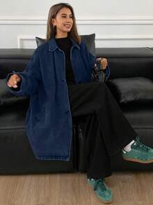 DAZY Women's Loose Casual Denim Jacket And Coat, Autumn/Winter - Dusty Blue - View 5