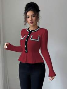 Elenzga Women's Contrast Color Pearl Decor Long Sleeve Cardigan - Burgundy - View 5
