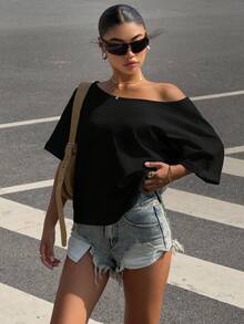 Muchica 大码女式休闲宽松斜肩黑色T恤 - 黑色 - 查看 4