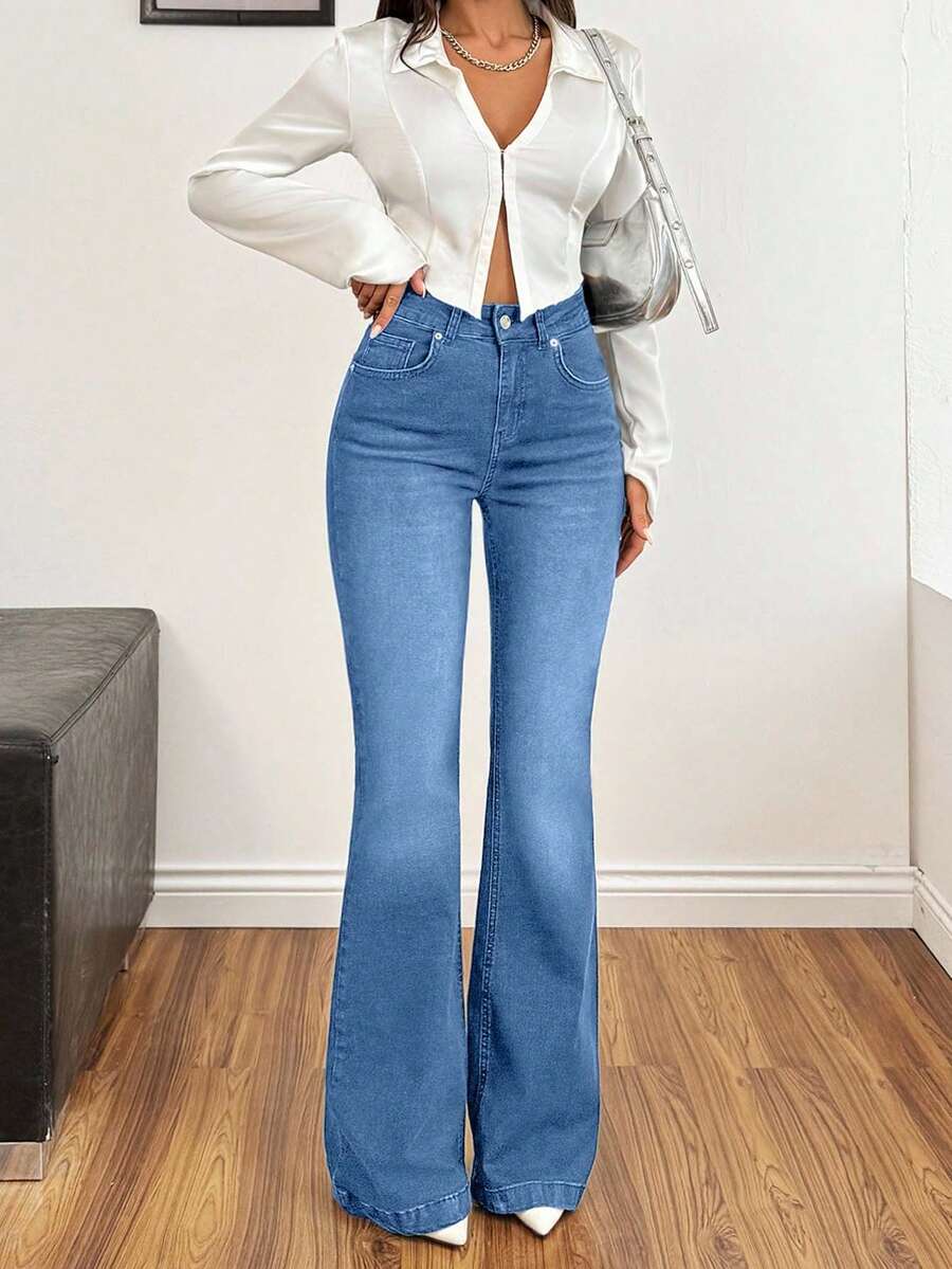SHEIN Cottnline 98%Cotton Blacl Slim Fit Flared Jeans - Medium Wash - View 1