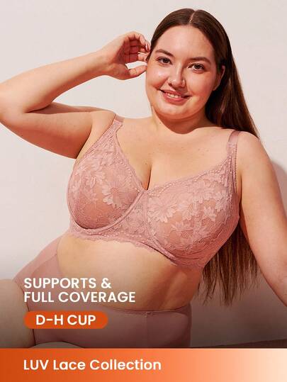 LUVLETTE Plus Woman Lingerie Lounge Curve Full Coverage Pushup&Breathable Underwire Sexy Unlined Pink Lace Elegance & Mesh Minimizer Bra Bridal Intimates