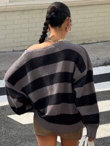 Muchica Women's Loose Fit Drop Shoulder Long Sleeve Striped Casual Sweater, Fall & Winter,Ladies Late Fall Casual Long Sleeve Loose Multicolor Drop Shoulder Pullovers Women Sweaters,Long Sleeve Tops,Off The Shoulder Sweater - Multicolor - View 2