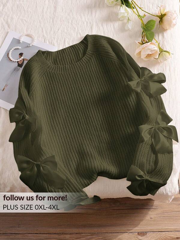 CosyJoli Suéter de cuello redondo con ajuste holgado y decoración de lazo hueco, estilo de hada lindo, otoño, color albaricoque, talla grande