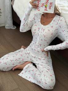 CottageSlumber 浪漫碎花半拉链纽扣长袖女士睡衣连体裤，冬季 - 白色 - 查看 1
