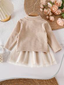 SHEIN 2pcs/Set Baby Girls Ribbed Turtleneck Top With 3D Bow Decor & Tulle Skirt Outfit, Sweet, Cute, Elegant, Fashion For Baby Girls In Autumn/Winter