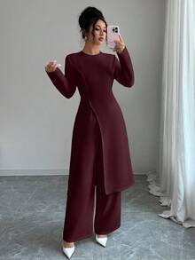 Elenzga 2pcs Women's Elegant Solid Color Split Hem Top And Wide Leg Pants Set, Autumn - Brown - View 6