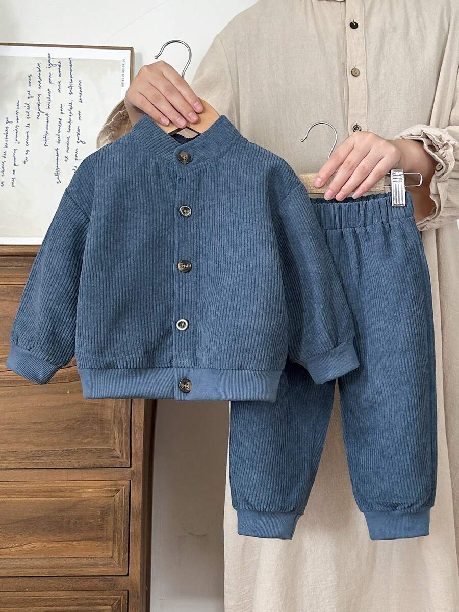 Vintaside Kids Baby Jungen Säugling/Kleinkind Jungen Herbst/Winter Stehkragen Langarm modisches hochwertiges Hemd kombiniert mit vielseitigen Freizeithosen Set, geeignet für Zuhause Lässig, leichte Outdoor-Aktivitäten, Familienfeiern - Blau - Übersicht 1