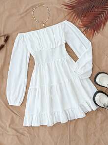 少女白色纹理泡泡面料露肩收腰A字裙，度假白色连衣裙，下午茶裙 - 白色 - 查看 2