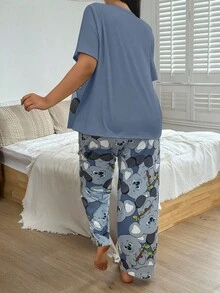 SHEIN Große Größen Grau Milchseide Strick Koala Muster Kurzarm Pyjama Set