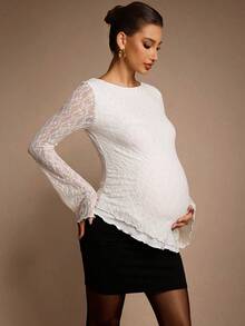 MaterniChic Pregnant Women's Round Neck Flare Sleeve Lace Ruffle Hem Elegant T-Shirt White Top Chic Evening Elegant  Pregnancy Photoshoot - Apricot - View 7
