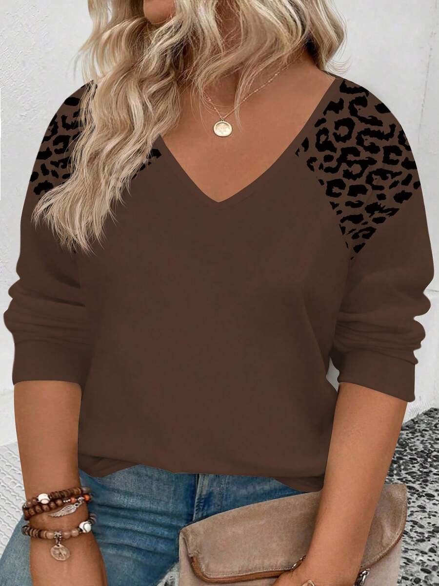 EMERY ROSE 女式休闲V领豹纹长袖T恤，加大码，秋冬 - 咖啡棕 - 查看 1