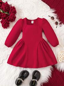 1 Peça Vestido Longo de Manga Longa Vermelho Sólido, Simples e Elegante, Adequado para Meninas, Adequado para Festas de Aniversário, Festas à Noite, Apresentações, Casamentos, Batizados, Cerimônias de Abertura, Adequado para Uso Diário, Adequado para Dia das Mães Mamãe e Eu, Adequado para as Estações de Outono e Inverno - Vermelho - Visão 2