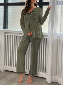 Moonlight&Mama Maternity Pocket Letter Print Distressed Long Sleeve Ribbed Top & Pants Loungewear Set, Sage Green Pajama Set Lounge Set, Winter