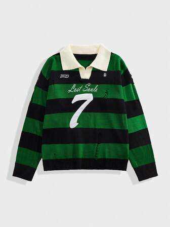 Street Life Suéter de manga larga con rayas bordadas para hombre, corte holgado y acortado