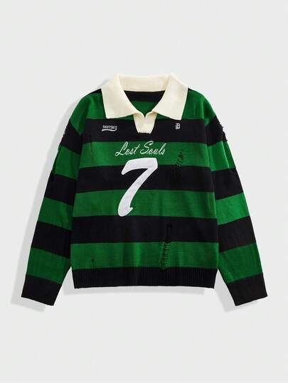 Street Life Suéter de manga larga con rayas bordadas para hombre, corte holgado y acortado