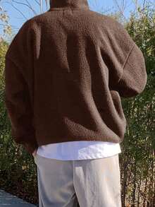 DAZY 男士秋季字母刺绣半拉链羊羔绒套头衫，棕色 - 棕色 - 查看 2