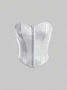 SHEIN Tall CURVE เสื้อเกาะอกหนัง PU สีดำตกแต่งกระดุมด้านหน้าตรงกลางไซส์ใหญ่ - สีเงิน - ดู 5