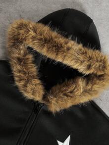 PAVTROS 男士秋冬保暖连帽拉链衫，星形印花，带口袋，休闲长袖上衣 - 黑色 - 查看 3