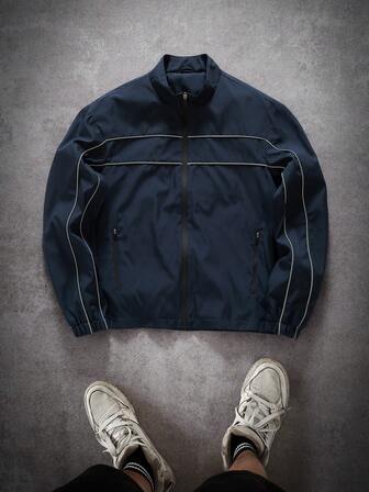 Manfinity Hypemode Men's Navy Blue Woven Fabric Long Sleeve Regular Length Jacket With Striped Detail