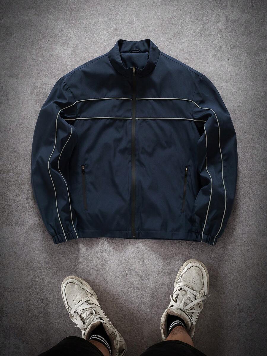 Manfinity Hypemode 男士休闲撞色饰边拉链夹克 - 藏蓝色 - 查看 1