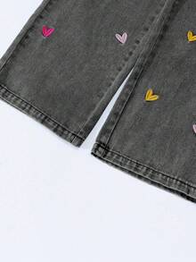 ChillGRL Tween Girls Jeans - 新款时尚雪花水洗做旧刺绣阔腿牛仔裤，爱心刺绣彩色爱心可爱刺绣阔腿裤，女童宽松阔腿牛仔裤，浅蓝色，适合圣诞节、新年、情人节、日常穿着、上学 - 灰色 - 查看 6