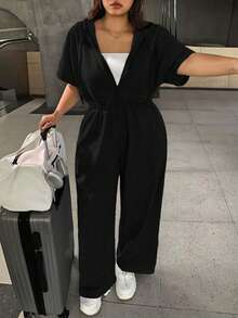 SHEIN EZwear Bộ đồ liền thân hoodie đen thường ngày cỡ lớn - màu đen - Xem 3