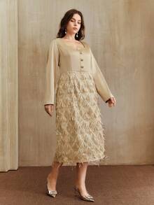 Anewsta New Khaki Plus Size Women's Elegant Patchwork Tassel Fabric Square Collar Chic Slimming New Year Dress - Khaki - View 6