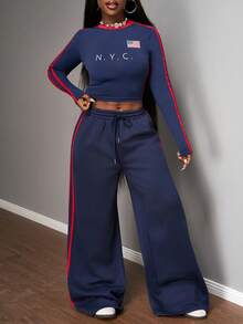 Slaydiva 2025 Automne et Hiver Nouveau Ensemble Deux Pièces Casual Slim Fit Bleu Marine et Rouge Ruban Motif Lettre Col Rond Manches Longues T-Shirt + Pantalon Fuselé à Taille Haute et Jambes Larges Plissé. Convient pour la rentrée scolaire, les tenues de rave, Halloween, Noël, sortie, tenue d'anniversaire, brunch pour femmes, soirée, tenues quotidiennes, tenues de club sexy pour femmes, rendez-vous - bleu indigo - Voir 10
