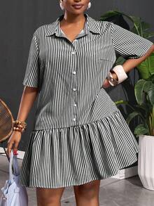 Slaydiva 大码休闲宽松前开襟荷叶边短袖连衣裙 - 黑與白 - 查看 1