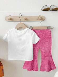 2 件套女婴休闲牛仔外观蝴蝶结印花短袖圆领 T 恤和喇叭裤套装，适合日常穿着，舒适，适合所有季节 - 彩色 - 查看 2