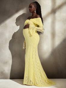 Cheriluna Maternity 优雅露肩白色蕾丝长袖美人鱼长裙，适合婚礼、派对、孕妇写真、婴儿洗礼 - 黃色 - 查看 7