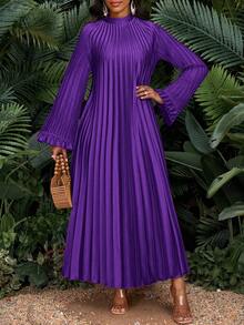 SHEIN Lady New Plus Size Women's Purple Solid Color Stand Collar Drop Shoulder Long Sleeve Loose Pleated Casual Dress Women Church Dress Pleated Maxi Dress Pleated Dress Maxi Long Sleeve Dress Purple Maxi Dress Christmas Dress Winter Dress Women  Four Season Dress Stylish Clothing Collection - Purple - View 3