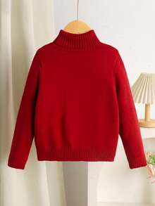 SHEIN LMoss Kids 女童純色立領修身休閒秋季針織毛衣 - 酒紅色 - 查看 2